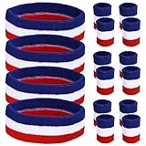 48 PCS Sweatband Wristband Set, Red White Blue Sweatband Set, 32 Wristbands and 16 Headbands, Rainbow Striped Sports Headbands Wristbands for Men Women Basketball Football Tennis Fitness