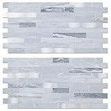 AULIGET 40 Sheets Faux Stone Peel and Stick Backsplash, Light Grey Marble Look PVC Mixed Metal Wall Tiles Stick on Backsplash for Kitchen