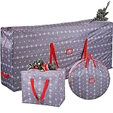 Abbylike 3 Pcs Christmas Tree Storage Bag 7.5ft Set, Christmas Wreath Storage Bag 30'' Grey Snowflake Ornament Storage Container 18'', Xmas Organizer 420d Waterproof Oxford Bags with Handle