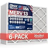 BNX TruFilter 20x25x1 Air Filter MERV 13 (6-Pack) - MADE IN USA - Electrostatic Pleated Air Conditioner HVAC AC Furnace Filters for Allergies, Pollen, Mold, Bacteria, Smoke, Allergen, MPR 1900 FPR 10