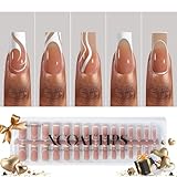 BTArtbox XCOATTIPS French Tip Nails - 5 Styles Long Square Press on Nails, Pre-Designed Swirl Nail Tips, Ultra Fit Soft Gel Nails False Nails, Soak Off Acrylic Fake Nails for Valentines Day Gift