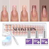 BTArtboxnails XCOATTIPS French Gel Nails - Skin Tones French Tip Press on Nails, Long Square Nail Tips with Nail Gel, French Protecting Duo, Nail Lamp, All in One Fake Nail Valentines Day Gifts