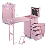 BYOOTIQUE Rolling Manicure Table Portable Nail Table Foldable Nail Desk Travel Makeup Train Case Cosmetic Trolley Storage Organizer with 4 Drawers Mirror & Speaker for Nail Tech Workstation Mua, Pink