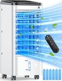 CENSTECH Evaporative Air Cooler, Swamp Cooler Air Conditioner w/ 12H Timer for Auto-off, 6 Upgraded Ice Packs, 3-Speed Windowless Air Conditioner, Smart Remote, Dual Tank Portable Air Cooler for Room