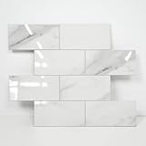 COLAMO Luxury 10-Sheet Peel and Stick Backsplash,Self Adhesive Faux Stone 12”x12” White Subway Tile for Kitchen,Glossy Waterproof Carrara Brick Marble Look,Stick on Accent Wall for Bathroom,Bedroom