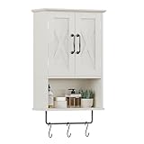 ChooChoo Farmhouse Medicine Cabinet, Bathroom Wall Cabinet with Adjustable Shelf, Towel Bar, 3 Hooks, Over The Toilet Storage Cabinet for Bathroom, Kitchen, White