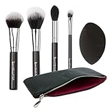 Contour Highlighter Makeup Brush Set with Case – Beauty Junkees 5pc Brushes Kit with Blender Sponge for Full Face Contouring Sculpting Highlighting with Powder Cream Cosmetics, Soft Synthetic Vegan