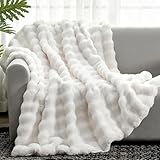 Cozy Bliss Faux Fur Throw Blanket for Couch, Fuzzy Soft Plush Thick Bubble Blanket for Sofa Bedroom Living Room, 50 * 60 Inches Cream White