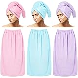 Cuffbow 6 Pcs Microfiber Hair Towel and Shower Wrap for Women After Shower Robe Women Spa Wrap Hair Drying Towel Quick Dry Hair Wrap with Adjustable Closure Elastic Top Velvet Shower Towel Dress