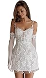 Cute Lace Spaghetti Strap Short Wedding Dresses for Boho Wedding Sweetheart Vintage Corset Mini Bridal Dress for Women Style01 Ivory US14