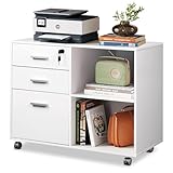 DEVAISE 3-Drawer Wood File Cabinet with Lock, Mobile Lateral Filing Cabinet, Printer Stand with Open Storage Shelves for Home Office, White