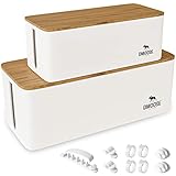 DMoose Cable Management Box - 2 Pack Medium & Large Cord Organizer for Desk & Floor, Cable Organizer Box for Child & Pet - Cable Box Hider for Tidy Office & Home (Wood Print Lid, White Box, Pack of 2)