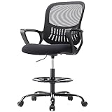 DUMOS Drafting Chair - Ergonomic Tall Office for Standing Desk, Counter with Height Adjustable and Comfortable Lumbar Support, Fixed Armrests, Black