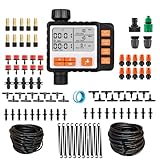 Drip Irrigation System Kit with Timer, Metal Mist, Plastic Mist Nozzle, Red Dripper, 1/4 (65.6 feet) and 5/16 Tube (32.8 feet),Automatic Watering System, Garden Watering System with Timer, Greenhouse