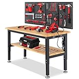 ENJOYWOOD Adjustable Height Work Bench 60x 22 Workbench for Garage Work Table with Under Table Shelf for Shop Woodworking, Heavy Duty Rubber Wood Top for Office, Home, Commercial