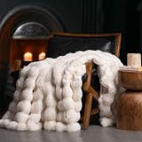 EVERGRACE Ultra Soft Luxury Fluffy Ridgeline Faux Rabbit Fur Throw Blanket, Thick Warm Bubble Throw for Bed, Cozy Plush Reversible Blankets for Couch, Chair, Sofa, Ivory White, 60x80 Inches, 870 GSM