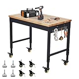 EuKer Workbench 48x24 Inch, Adjustable Height Worktable for Garage, Rubber Wood Top & Cold-Rolled Steel Table Workbench, Heavy Duty Workstation with Power Outlets & Wheels, 2000 Lbs Load Capacity