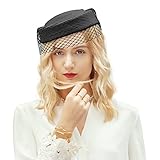 F FADVES Straw Fascinator Vintage Hat Bow Veil Pillbox for Wedding Tea Party 20s 50s Headwear Black
