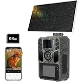 FKPCAM WiFi Trail Camera Solar Trail Cam - Rechargeable Trail Camera Built-in 5000mAh Battery - 4K 64MP Hunting Trail Camera with Night Vision for Wildlife Monitoring with 64GB Memory Card