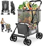 Folding Shopping Cart for Groceries(80lbs), Multifunctional Collapsible Cart with Removable Tote Bag and Swivel Wheels, Easy One-Hand Fold, Portable Personal Shopping Cart for Laundry, Camping Gear