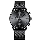 GOLDEN HOUR Men’s Watch Fashion Sport Quartz Analog Mesh Stainless Steel Waterproof Chronograph Watches, Auto Date in Grey Hands, Color: Black