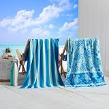 Great Bay Home 100% Cotton Beach Towels | 2 Pack of 30 x 60" Blue Pool Towels for Adults and Kids | Absorbent & Quick Dry Towels (Royal Blue/Teal Turtle & Stripe)