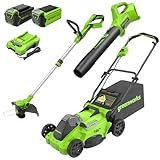 Greenworks 40V 16" Brushless Cordless (Push) Lawn Mower + Blower (350 CFM) + 13" String Trimmer (Bonus Spools), 4.0Ah + 2.0Ah Battery and Charger Included (75+ Compatible Tools)