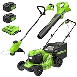 Greenworks 48V (2x24V) 20" Brushless Mower+12" String Trimmer +320CFM Blower,(2) 4.0Ah Batteries and 4A Dual Port Charger