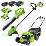 Greenworks 48V (2x24V) 21" Cordless Battery Self-Propelled Mower, 10" String Trimmer & 320 CFM Blower Combo Kit w/ (2) 5.0Ah Batteries, (1) 2.0Ah Battery & Chargers