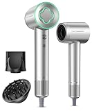 Hair Dryer - 150000 RPM High-Speed Brushless Motor Negative Ionic Blow Dryer for Fast Drying, Low Noise Thermo-Control Hair Dryer with Diffuser and Nozzle, Silvery