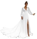 Huaxiafan White Long Sleeve Wedding Dresses Double V Neck A Line Flowy Chiffon Beach Bridal Dress Wedding Gown Size 4