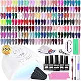 JODSONE 100 PCS Gel Nail Polish Starter Kit with U V Light 95 Colors Macarons Combined with Dark Colors Nail Gel No Wipe Base Coat Top Matte Coat Long Lasting Shine Gel Polish