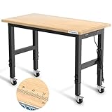 LARBANKE 48" Heavy-Duty Adjustable Workbench with Brake Wheels,Hardwood Worktable Weight Capacity Over 2000 Lbs,Rubber Wood Workbench has Adjustable 5 Different Heights,for Workshop,Garage,Office,Home