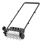 Lineware 18-Inch Lawn Aerator,Heavy Duty Push Spike Aerator with 4 Wheels,Aerator Lawn Tool with Steel Handle, Manual Aerator Lawn Tool with Foam Armrests, Suitable for Lawn, Garden and Yard