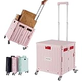 MACOPRO Folding Utility Cart Portable Rolling Crate Handcart Shopping Trolley Collapsible Tool Box, with Lid, Basket on 4 Rotate Wheels, for Grocery, Shopping, Office, Teacher (Pink)
