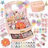 ONECOCOA Hair Accessories Set for Girls: Jewelry Box, Hair Clips, Barrettes, Ties, Bows - Teen Girl Gift for Ages 4-12 (Pink)