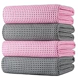 POLYTE Microfiber Oversize Quick Dry Lint Free Bath Towel, 60 x 30 in, 4 Pack (Gray,Pink, Waffle Weave)