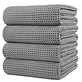 POLYTE Microfiber Oversize Quick Dry Lint Free Bath Towel, 60 x 30 in, 4 Pack (Gray, Waffle Weave)