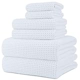 POLYTE Oversize, 60 x 30 in., Quick Dry Lint Free Microfiber Bath Towel Set, 6 Piece (White, Waffle Weave)