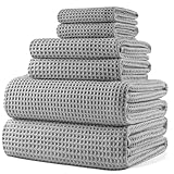 POLYTE Oversize, 60 x 30 in., Quick Dry Lint Free Microfiber Bath Towel Set, 6 Piece (Light Gray, Waffle Weave)