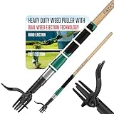 Papa's Tools Weed Puller Tool, 44" Stand Up Weeder Garden Tools & 4 Claw Steel Head, Dual Weed Eject Tech. Made With Real Bamboo & Long Wooden Handle, Yard Weeding Remover For Gardening Men & Women