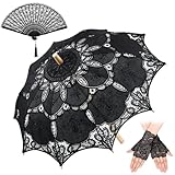 Paterr 3 Pcs Vintage Lace Parasol Gothic Black Lace Hand Folding Fan Lace Glove Lolita Umbrella for Witch Wedding Bridal Cosplay Photoshoot Lady Costume Props 1920s Party Decoration
