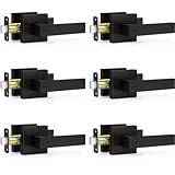 Plustool 6 Pack Matte Black Door Handles, Keyless Interior Door Knobs, Privacy Door Lever Locksets for Bedroom Bathroom, Heavy Duty Square Door Lock (2.0lb), Reversible for Left&Right Handled Doors