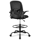 Primy Drafting Chair Tall Office Chair with Flip-up Armrests Executive Ergonomic Computer Standing Desk Chair with Lumbar Support and Adjustable Footrest Ring (Black)