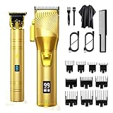 Professional Hair Clippers Kit for Men Beard Trimmers with Led Dispaly Cordless Haircut Barber Set Grooming Kit for Men Women Kid Body Pet (Gold)