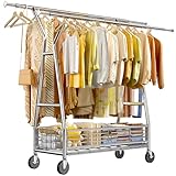 Raybee Clothes Rack Heavy Duty Rolling Clothing Rack with Wheels Load 600LBS Double Rod Clothing Racks for Hanging Clothes Commercial Portable & Adjustable Garment Rack with Metal Basket, Chrome