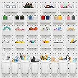 Roowest 60 Pcs Pegboard Cups Pegboard Bins Set, Pegboard Wall Organizer with Hooks and Loops, Peg Hooks Assortment Organizer Accessory for Office Storage Garage Craft Workshop (White)