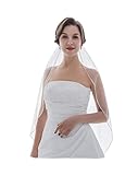SAMKY 1T 1 Tier Crystal Pearl Beaded Edge Bridal Wedding Veil - Light Ivory Fingertip Length 36