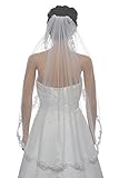 SAMKY 1T 1 Tier Flower Scallop Embroided Lace Pearl Veil - White Fingertip Length 36