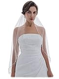 SAMKY 1T 1 Tier Offset Flower Vine Edge Crystal Pearl Veil - Light Ivory Fingertip Length 36